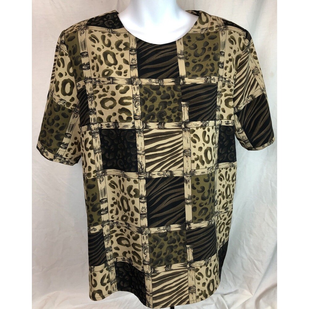 Vintage Top XL Brown Animal Cheetah Short Sleeves Round Neck Boho Abstract Artsy